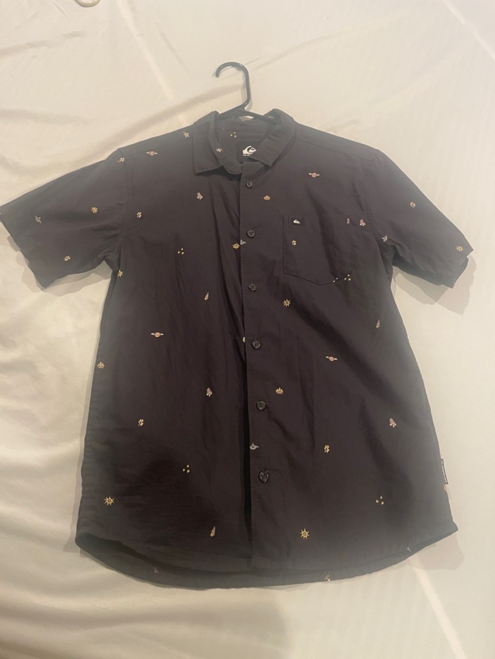 Quiksilver Black Short-Sleeve Button-Down Shirt with Tiny Multicolor Embroidery